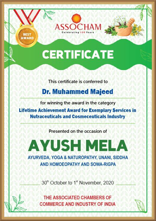 Dr. Muhammed Majeed, Founder and Chairman, Sami-Sabinsa Group Honored with Lifetime Achievement Award from ASSOCHAM